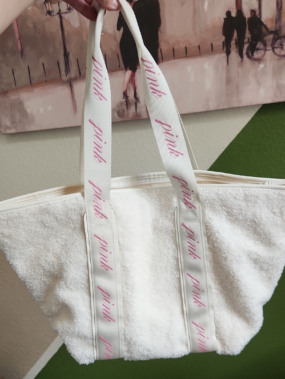 PINK Victoria's Secret White Terry Tote with Pink Logo Straps